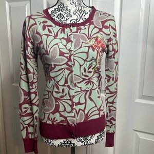 Charlotte Beautiful Embroidered Cardigan Teal Burgundy M